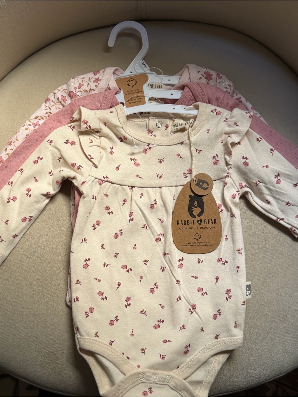 6-9m Rabbit & Bear Organic Cotton Cream Floral Long-Sleeve Bodysuit Set of 3